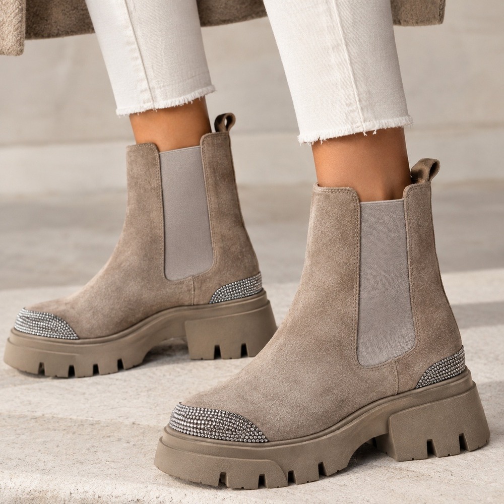 Brunello Cucinelli Suede Monili Bead Lug Sole Chelsea Boots Taupe 38 EU